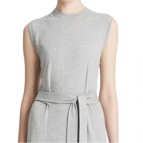 New! Vince Cotton Sleeveless Wrap Dress Gray Midi Slit - Picture 3 of 7